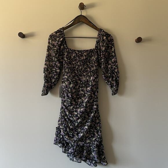 ASTR RUCHED SWEETHEART 3/4 SLEEVE ASYMMETRICAL BLACK PURPLE DITSY DRESS SM - Picture 7 of 7